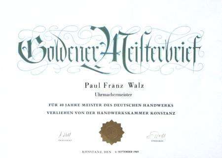 Goldener Meisterbrief für Paul Walz, verliehen am 6. September 1989
